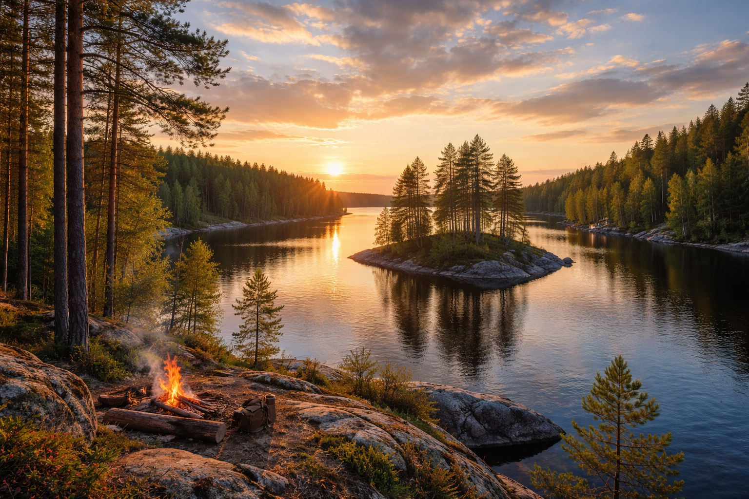 Карелия с воды лес, камень и туман